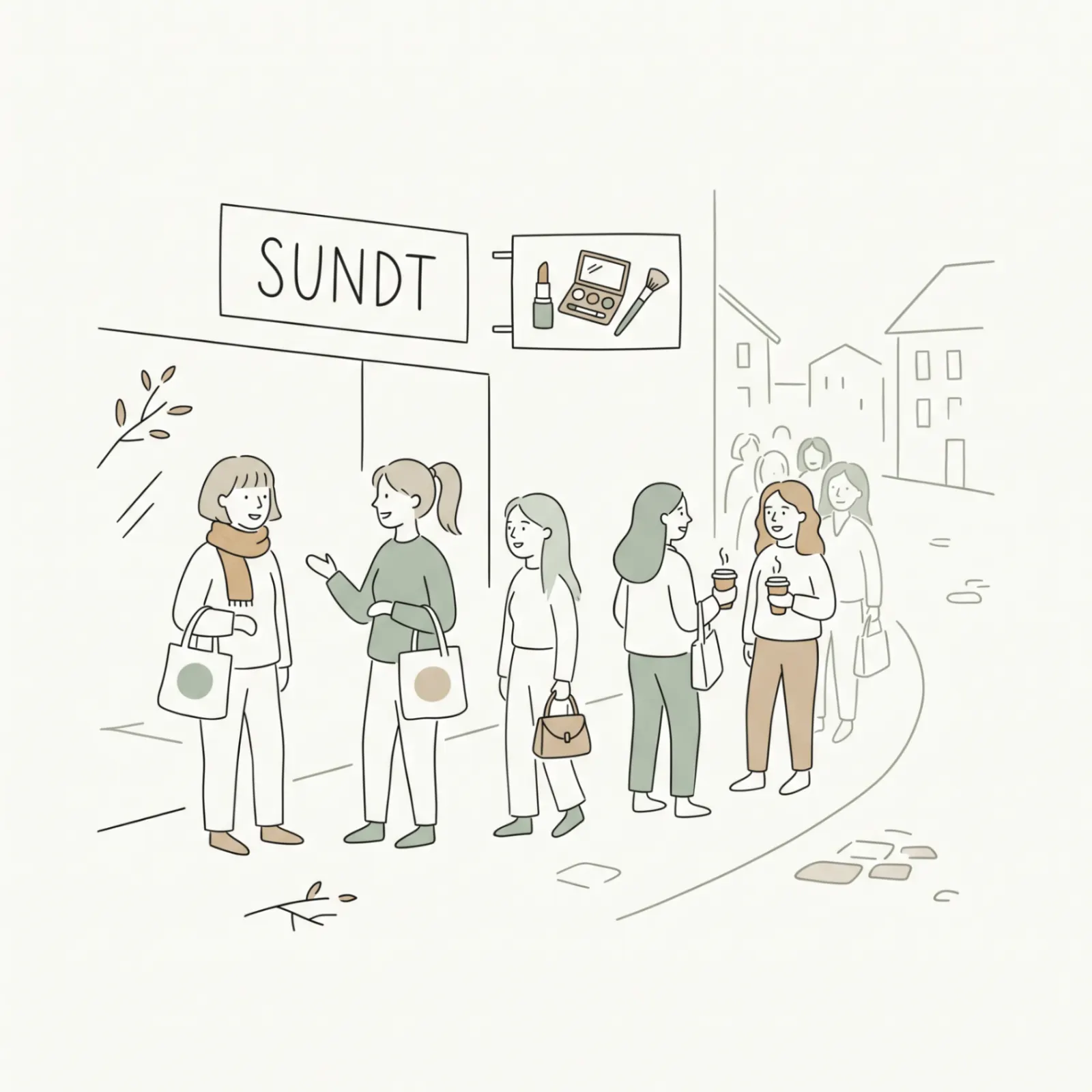 Illustrasjon av kø av forventningsfulle kunder utenfor Sundt på åpningsdagen til Caia Cosmetics i Bergen