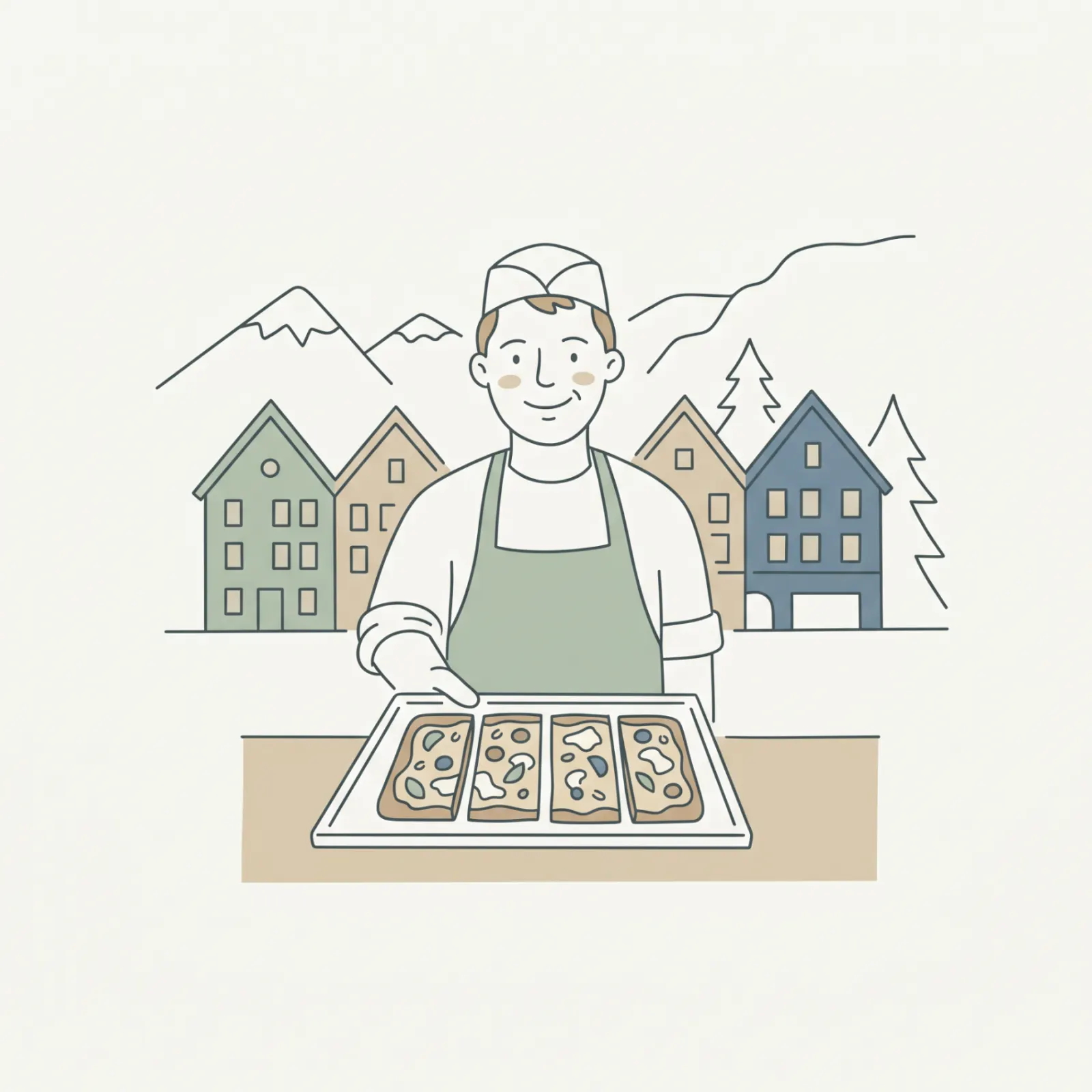 Illustrasjon av Fabio Russo bak disken med romersk pizzastykke i Sigurds gate 5