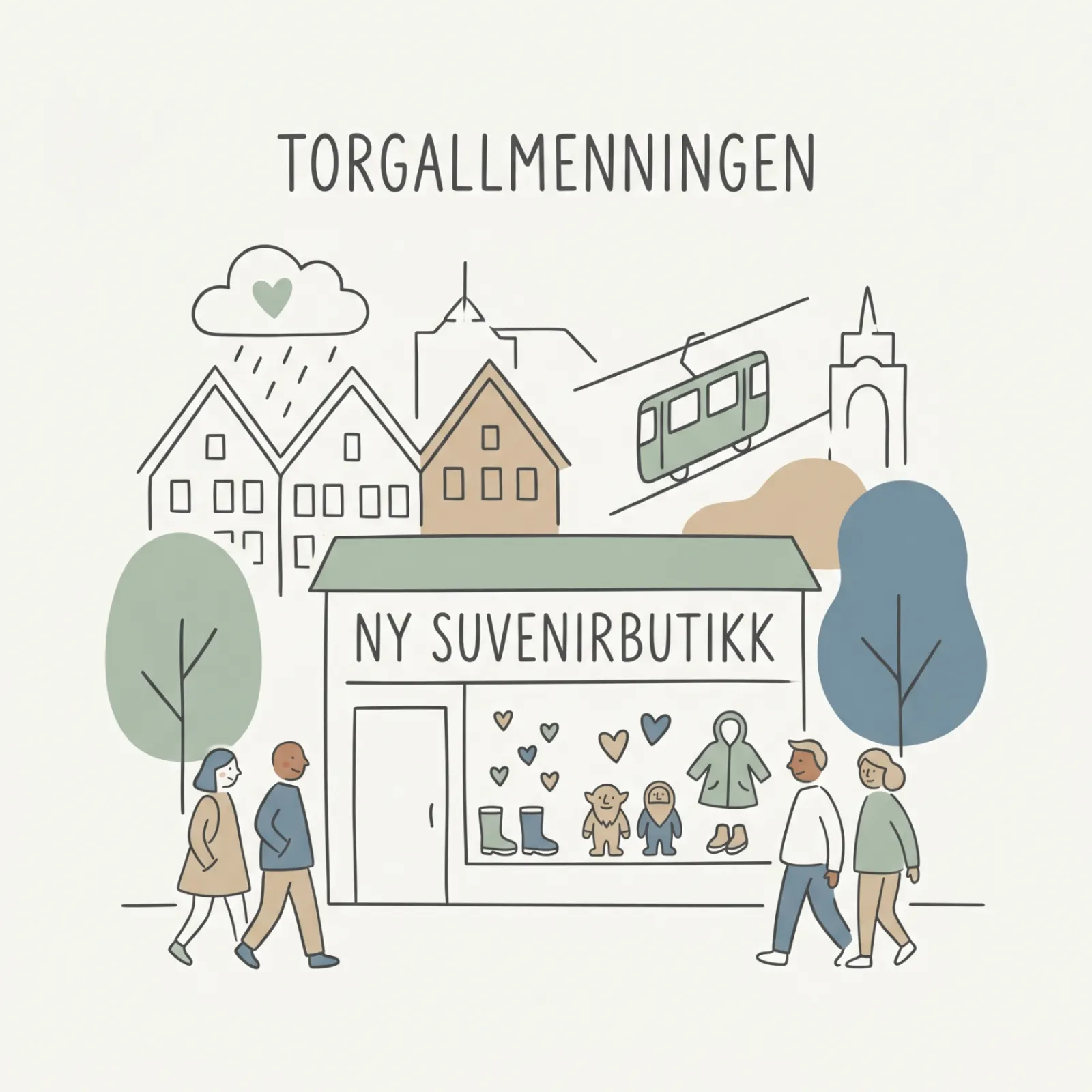 Illustrasjon av ny suvenirbutikk på Torgallmenningen med troll, regnjakker og Bergens-motiver